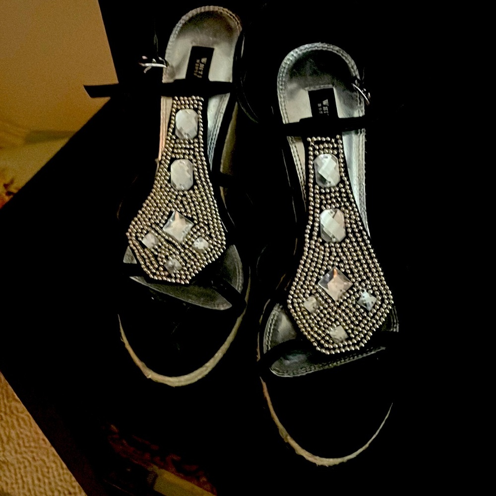 Ladies Black Silver & Rhinestone espadrille wedge. Size 7